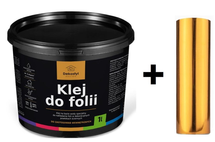 Folia dekoracyjna złota metaliczna na ścianę 10 m² + klej do folii 1L – zestaw do złocenia ściany PASY