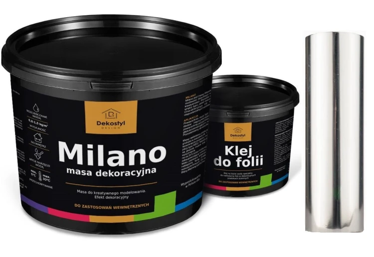 Folia dekoracyjna srebrna metaliczna na ścianę 10 m² + klej do folii 1L – zestaw do efektu srebra PASY
