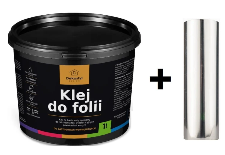 Folia dekoracyjna srebrna metaliczna na ścianę 10 m² + klej do folii 1L – zestaw do efektu srebra PASY
